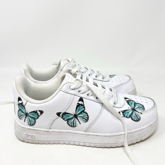 DRIP CREATIONZ WHITE SNEAKERS WITH BLUE BUTTERFLIES CUSTOM SZ Y4.5/W6 - Picture 1 of 6